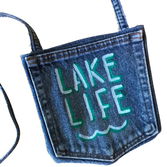 Handmade Crossbody Denim Bag: Painted Lake Life Cell Phone Jean Pocket Purse - Picture 1 of 11